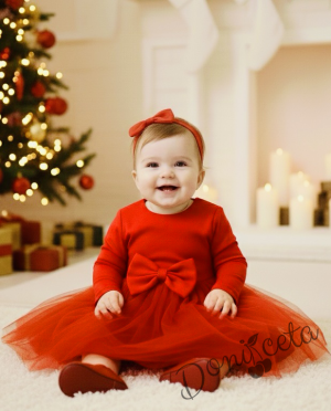  Официална детска рокля с дълъг ръкав Дантеса в червено с богат тюл  