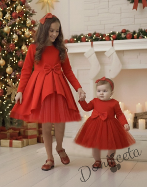  Официална детска рокля с дълъг ръкав Дантеса в червено с богат тюл  