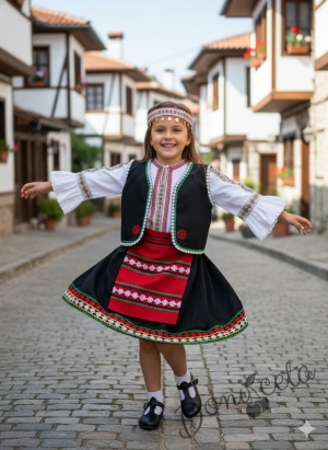 Дамска или детска народна носия 55-риза, пола, елек и червена престилка с фолклорни/етно мотиви 