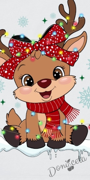 Коледна блуза в бяло с дълъг ръкав и сладка картинка на еленче с панделка