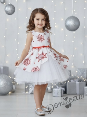 Детска коледна рокля в бяло на червени снежинки с тюл и болеро в червено