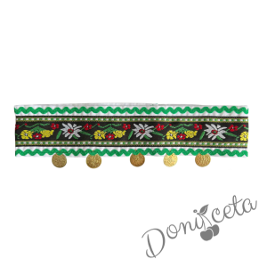 Дамска или детска народна носия 100 с косичник за глава-риза с бродерия, пола, елек, черна престилка с фолклорни/етно мотиви и косичник