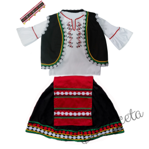 Дамска или детска народна носия 101 с косичник за глава-риза с бродерия, пола, елек,червена престилка с фолклорни/етно мотиви и косичник