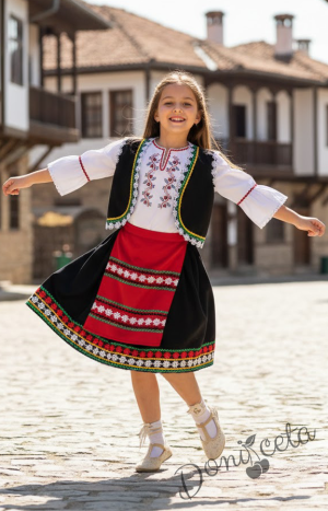 Дамска или детска народна носия 101-риза с бродерия, пола, елек, и червена престилка с фолклорни/етно мотиви