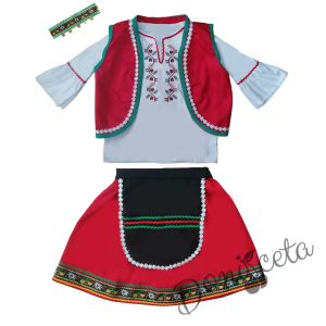 Дамска или детска народна носия 102 с косичник за глава-риза с бродерия, пола, елек, черна престилка с фолклорни/етно мотиви и косичник