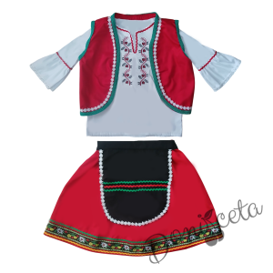 Дамска или детска народна носия 102 с косичник за глава-риза с бродерия, пола, елек, черна престилка с фолклорни/етно мотиви и косичник