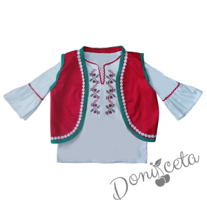 Дамска или детска народна носия 103 с косичник за глава-риза с бродерия, пола, елек, черна престилка с фолклорни/етно мотиви и косичник