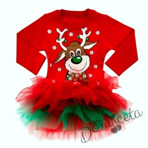 Ватирана коледна детска рокля Звън в червено и зелено с тюл с еленче отпред
