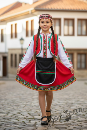 Дамска или детска народна носия 57 с косичник за глава-риза, пола, елек, косичник и черна престилка с фолклорни/етно мотиви 