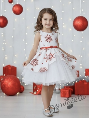  Официална детска коледна рокля Надежда тип клош с тюл в бяло на червени снежинки