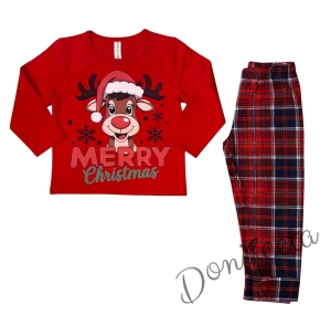 Мъжка коледна пижама  в червено с весело еленче и надпис Весела Коледа