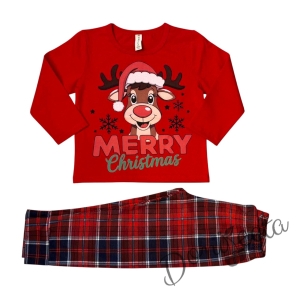 Мъжка коледна пижама  в червено с весело еленче и надпис Весела Коледа