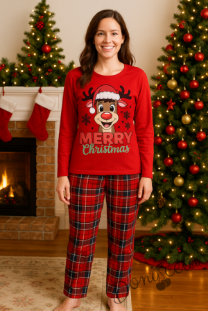 Детска или дамска  коледна пижама  в червено с весело еленче и надпис Весела Коледа