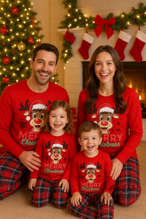 Детска или дамска  коледна пижама  в червено с весело еленче и надпис Весела Коледа