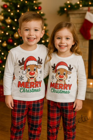 Детска, дамска или мъжка коледна пижама  в бяло и каре с весело еленче и надпис Весела Коледа