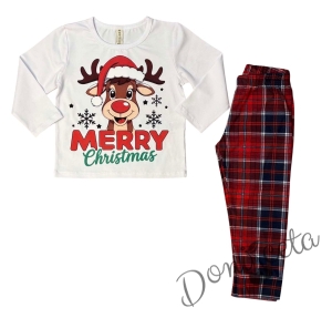 Детска, дамска или мъжка коледна пижама  в бяло и каре с весело еленче и надпис Весела Коледа