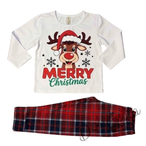 Детска или дамска  коледна пижама в бяло с весело еленче и надпис Весела Коледа
