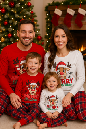 Детска или дамска  коледна пижама в бяло с весело еленче и надпис Весела Коледа