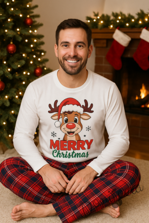 Мъжка коледна пижама в бяло и каре с весело еленче и надпис Весела Коледа