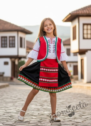 Дамска или детска народна носия 103-риза с бродерия, пола, елек, и черна престилка с фолклорни/етно мотиви