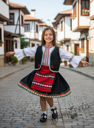 Дамска или детска народна носия 62-риза, пола, елек и червена престилка с фолклорни/етно мотиви 