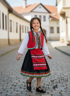 Дамска или детска народна носия 59-риза, пола, елек и червена престилка с фолклорни/етно мотиви 