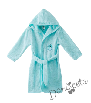 Детски халат за баня с качулка, джобчета и картинка в цвят мента