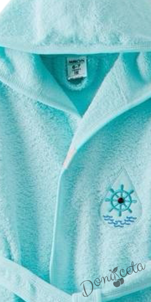 Детски халат за баня с качулка, джобчета и картинка в цвят мента