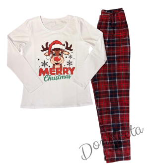 Детска или дамска  коледна пижама в бяло с весело еленче и надпис Весела Коледа