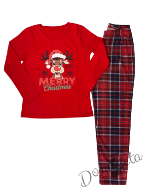 Детска или дамска  коледна пижама  в червено с весело еленче и надпис Весела Коледа