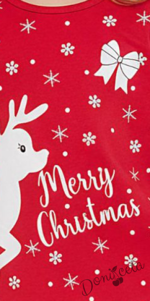 Коледна детска рокля в червено с надпис и коледни мотиви 