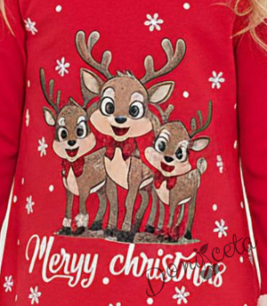 Коледна детска рокля в червено със сладка коледна картинка и надпис 