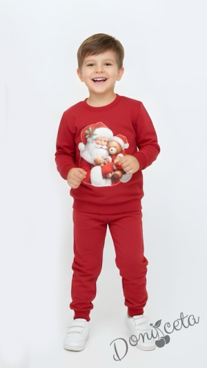 Ватиран детски коледен комплект за момче/момиче от блуза със снежен човек и надпис и панталонки в червено
