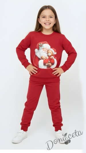 Ватиран детски коледен комплект за момче/момиче от блуза със снежен човек и надпис и панталонки в червено