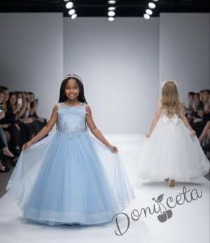 Дълга официална детска дълга рокля до долу в бяло без ръкав Шери с диадема от колекция Снежина