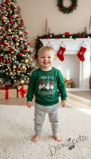 Детска коледна блуза за момче/момиче в зелено с картинка на джуджета и надпис