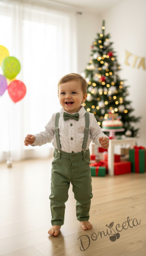 Бебешки комплект за момче от 4 части - боди-риза в бяло с орнаменти в зелено, панталони, тиранти и папийонка в зелено