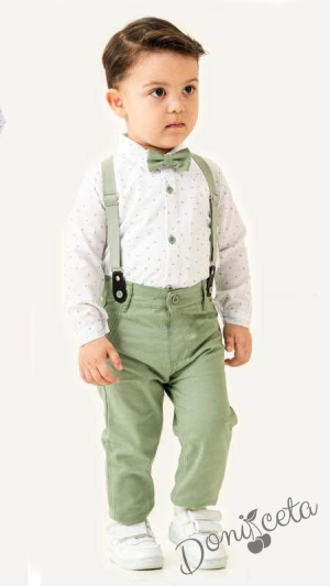 Бебешки комплект за момче от 4 части - боди-риза в бяло със зелени орнаменти, панталони, тиранти и папийонка в зелено 28231383 799