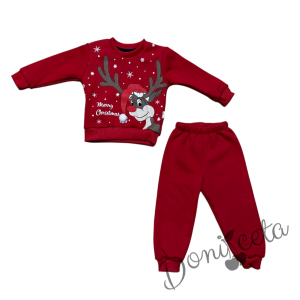 Ватиран детски коледен комплект за момче/момиче от блуза в червено с весел елен и панталонки в червено