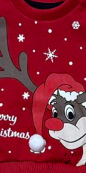 Ватиран детски коледен комплект за момче/момиче от блуза в червено с весел елен и панталонки в червено