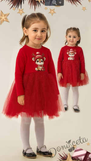 Коледна детска рокля в червено със сладка картинка на еленче и блестящ тюл в червено