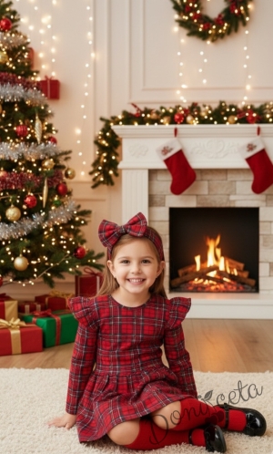 Детска коледна рокля каре  Мариелка с дълъг ръкав и с къдрички от каре