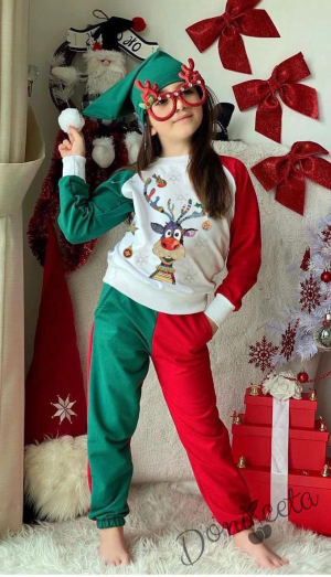 Коледен комплект за момиче от блуза в бяло с елен,панталонки в червено и зелено и коледна шапка в зелено2