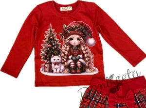 Коледна блуза в червено с дълъг ръкав и сладка картинка на момиче