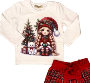 Коледна блуза в бяло с дълъг ръкав и сладка картинка на момиче