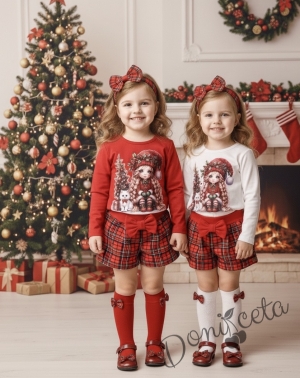 Детски комплект от къси панталони в червено каре и блуза в червено с момиченце и елха