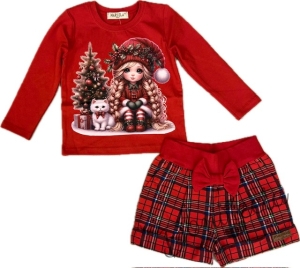 Детски комплект от къси панталони в червено каре и блуза в червено с момиченце и елха