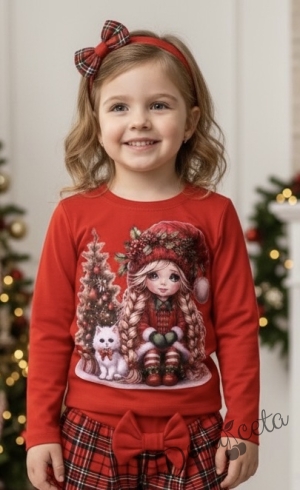 Детски комплект от къси панталони в червено каре и блуза в червено с момиченце и елха