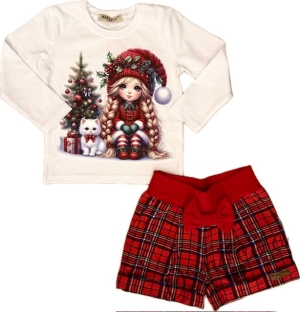Детски комплект от къси панталони в червено каре и блуза в бяло с момиченце и елха