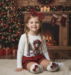 Детски комплект от къси панталони в червено каре и блуза в бяло с момиченце и елха